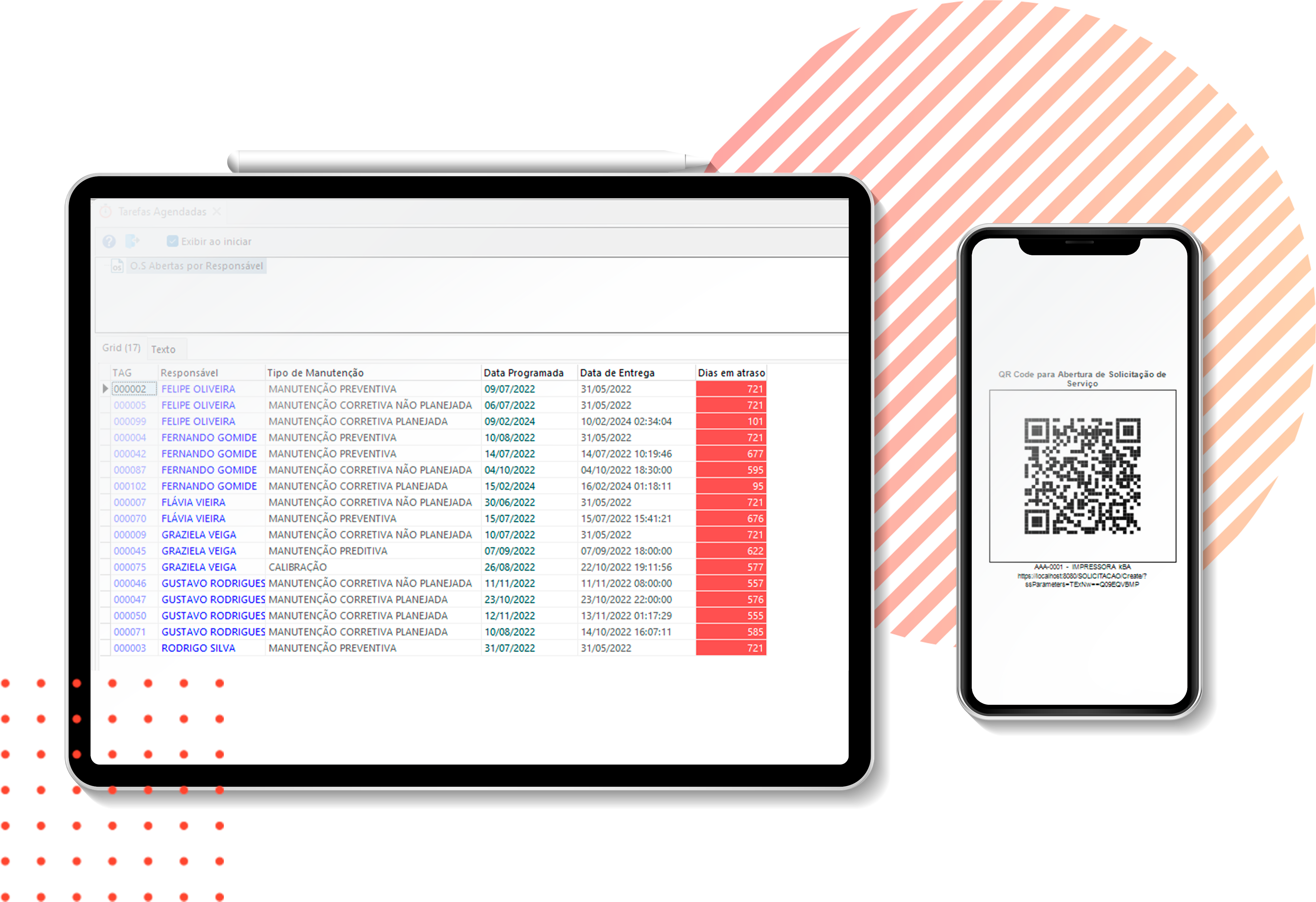 Tela de tablet e celular exibindo telas do software de manutenção Engeman. Nas lateriais elementos gráficos redondos e quadrados com listras e bolinhas