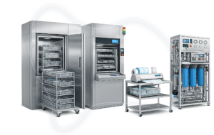 Equipamentos da Central de Material Esterilizado (CME), incluindo autoclave, termodesinfectadora, seladora e sistema de osmose hospitalar.